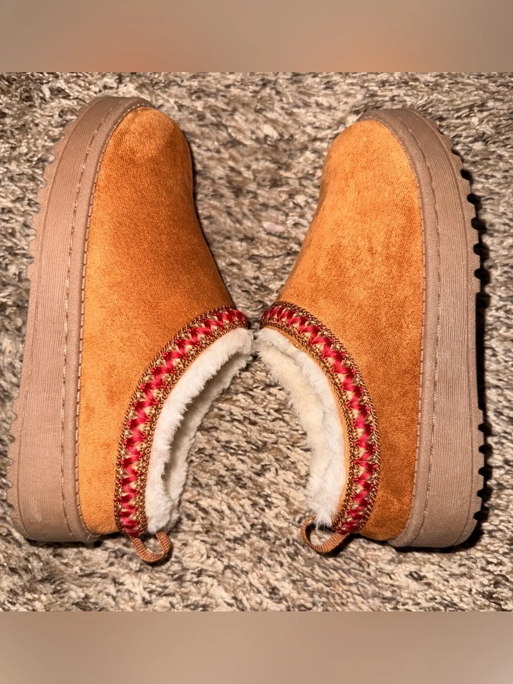 White Mountain Chestnut Faux-Suede Shearling Lined Slip-Ons with Red Trim